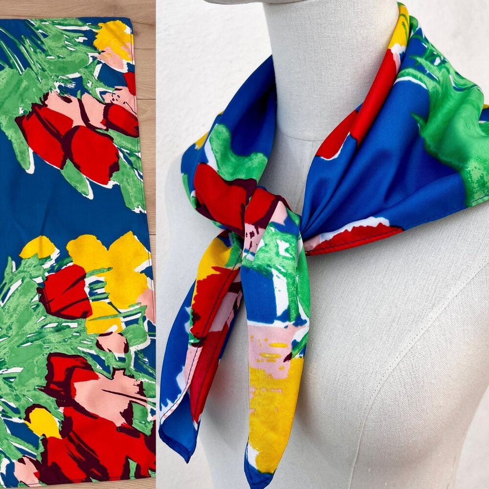 Vintage 80s Colorful Picasso-Inspired Floral Print Square Head or Neck Scarf - Picture 14 of 14